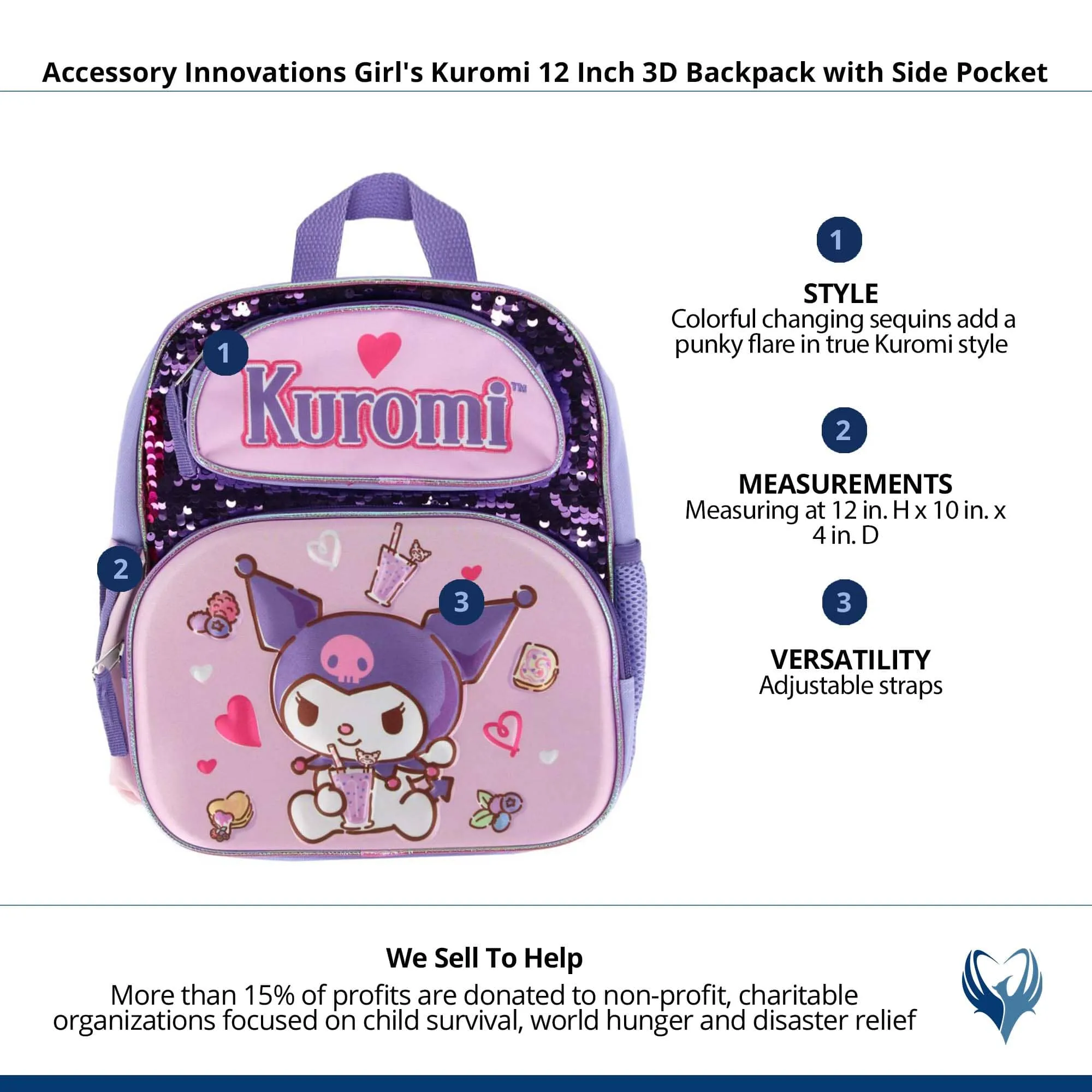 Accessory Innovations Girl's Kuromi 12 Inch 3D Backpack with Side Pocket