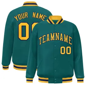 Custom Aqua Gold-Navy Classic Style Varsity Full-Snap Letterman Jacket