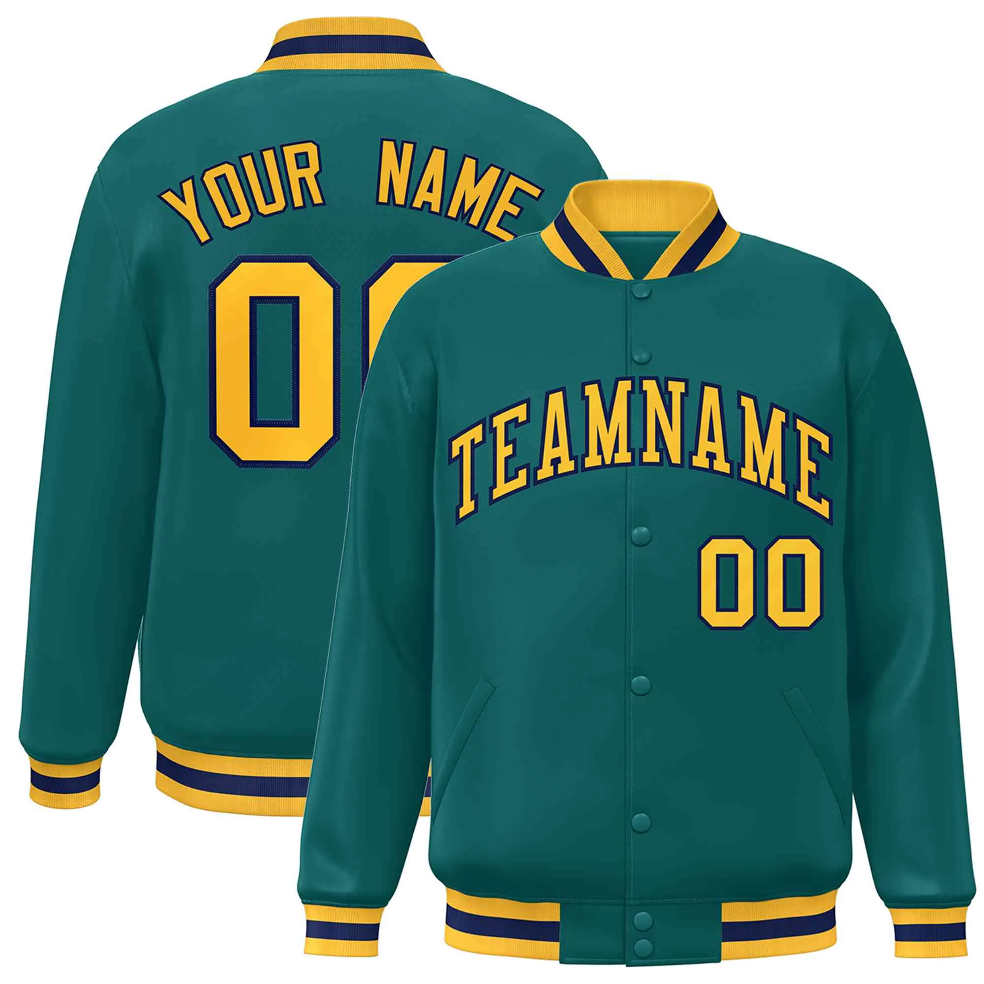 Custom Aqua Gold-Navy Classic Style Varsity Full-Snap Letterman Jacket