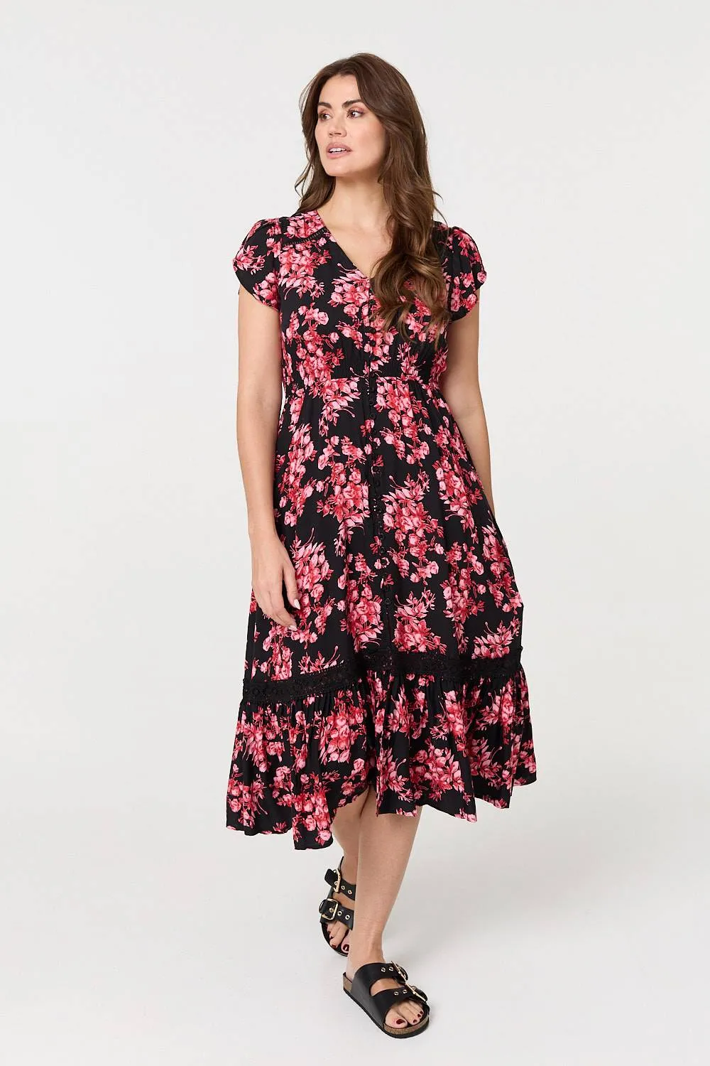 Floral Lace Trim V-Neck Shirred Midi Dress