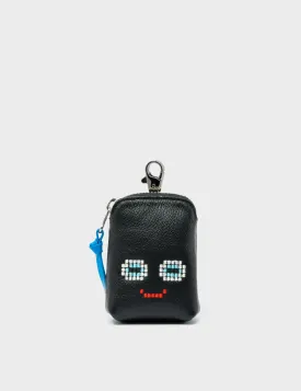 Florence Pouch Charm - Black Leather Keychain Happy Face Embroidery