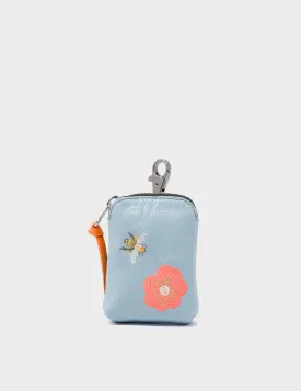 Florence Pouch Charm - Sterling Blue Leather Keychain Bee and flower Embroidery