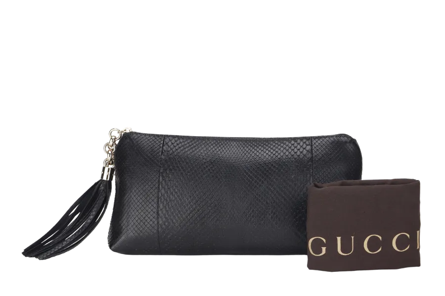 GUCCI SOHO CLUTCH BAG (310293 486628) BLACK PYTHON LIGHT GOLD HARDWARE, WITH DUST COVER